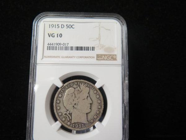 1915-D Barber Half Dollar.  NGC Graded VG 10 Circulated Coin.  Store # 03344