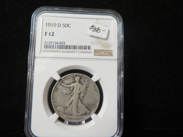 1919-D Walking Liberty Half Dollar.  NGC Graded F 12 Circulated Coin.  Store # 03345