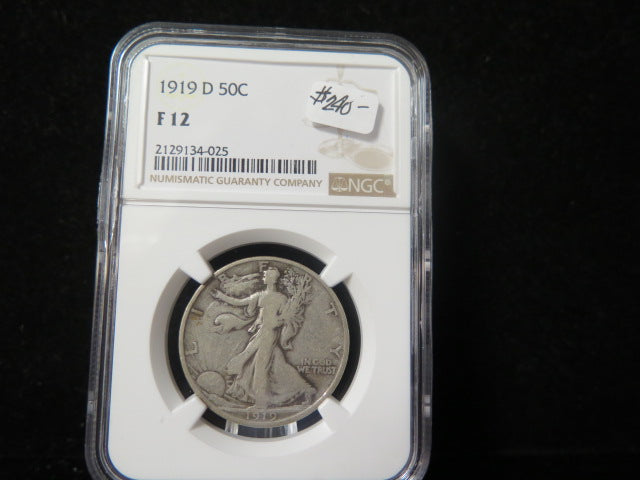 1919-D Walking Liberty Half Dollar.  NGC Graded F 12 Circulated Coin.  Store
