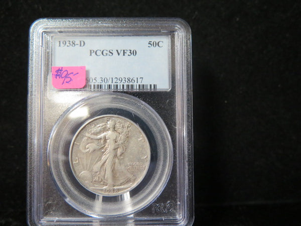 1938-D Walking Liberty Half Dollar. PCGS Graded VF 30 Circulated Coin. Store # 03350