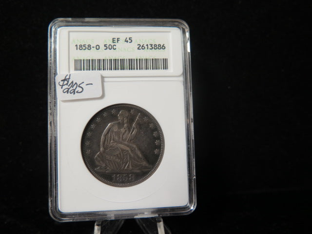 1858-O Seated Liberty Half Dollar, ANACS Graded EF45 Circulated Coin.  Store