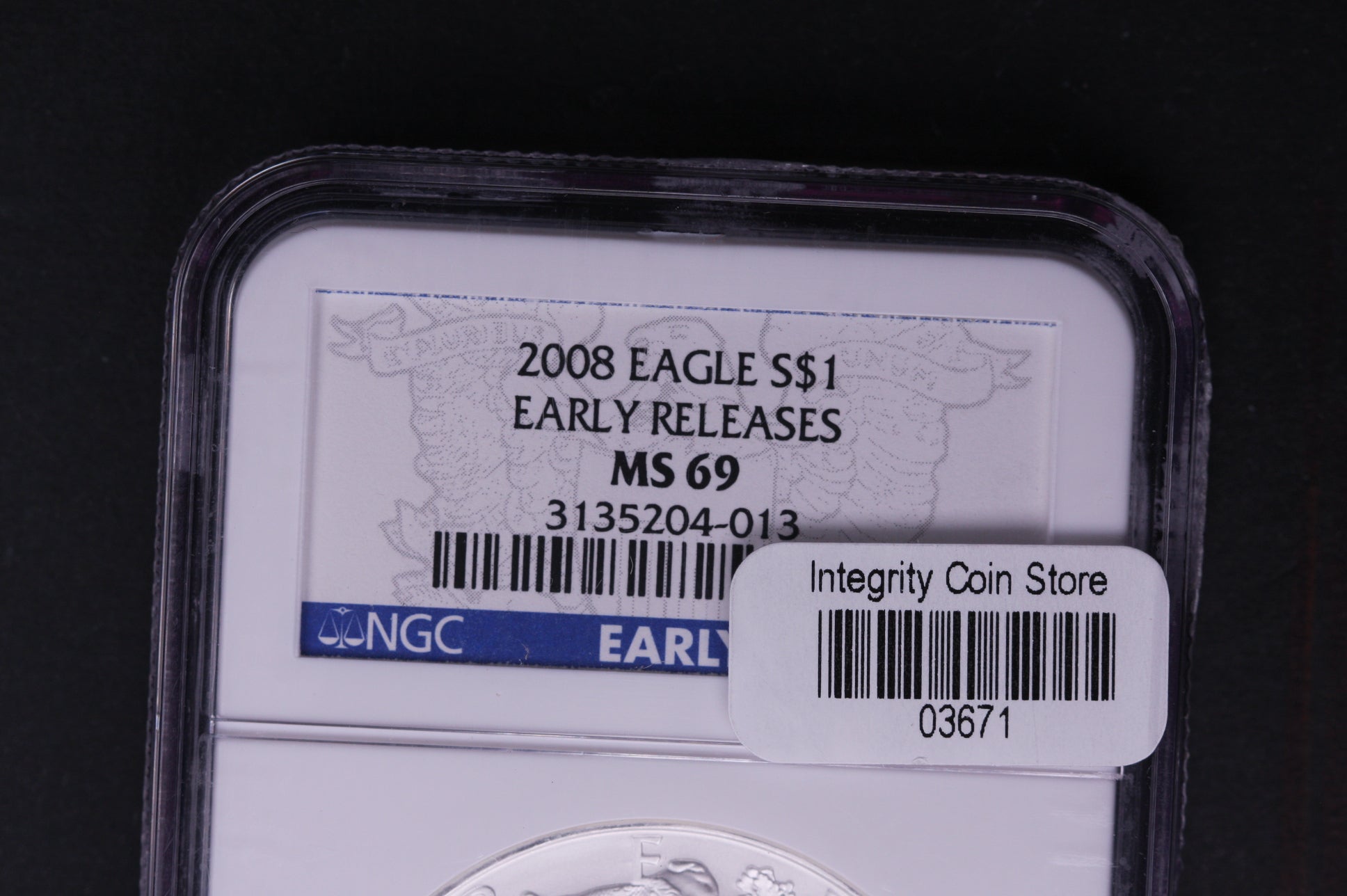 2008 Silver Eagle $1. NGC Graded MS-69 Early Releases.  Store #AE0116