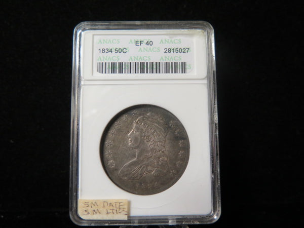 1834 Capped Bust Half Dollar, ANACS Graded EF 40 Circulated Coin. Store #03316
