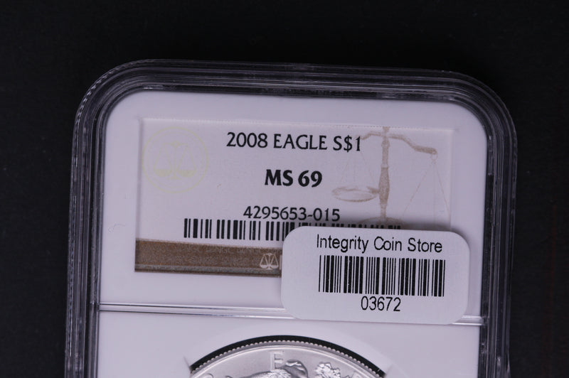 2008 Silver Eagle $1. NGC Graded MS-69 Un-Circulated Coin.  Store