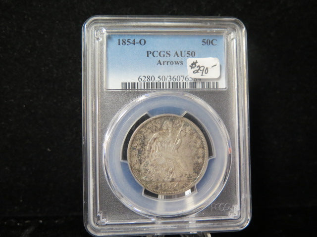 1854-O Seated Liberty Half Dollar, PCGS Graded AU50 Circulated Coin.  Store