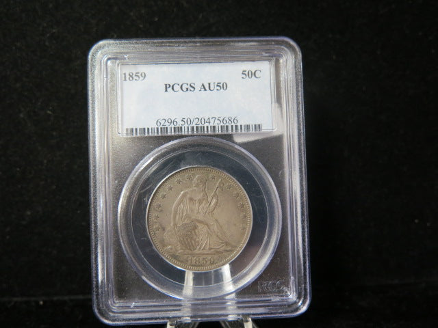 1859 Seated Liberty Half Dollar, PCGS Graded AU50 Circulated Coin.  Store