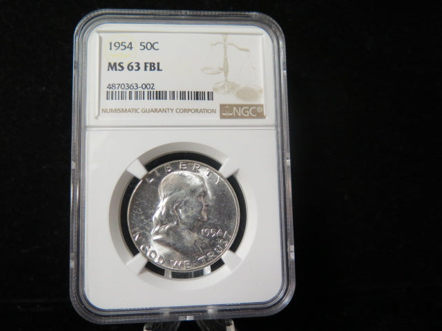 1954 Franklin Half Dollar, NGC Graded MS 63 FBL Uncirculated Coin, Store #03355
