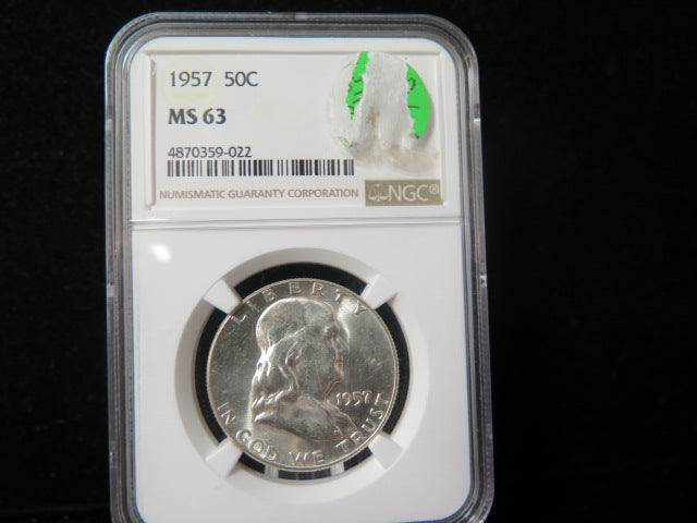 1957 Franklin Half Dollar, NGC Graded MS 63 Uncirculated Coin, Store #03356