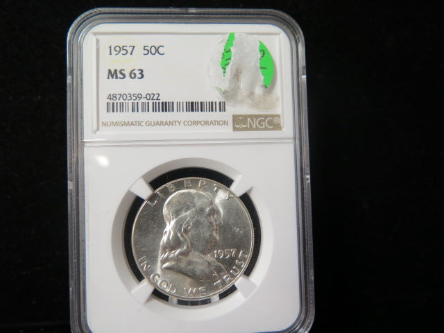 1957 Franklin Half Dollar. NGC Graded MS 63 Uncirculated Coin. Store