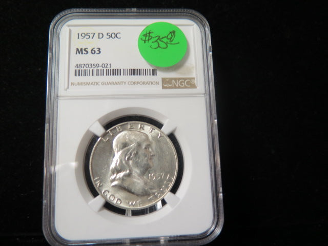 1957-D Franklin Half Dollar. NGC Graded MS 63 Uncirculated Coin. Store