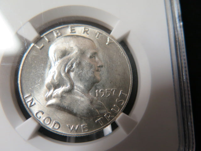 1957-D Franklin Half Dollar. NGC Graded MS 63 Uncirculated Coin. Store