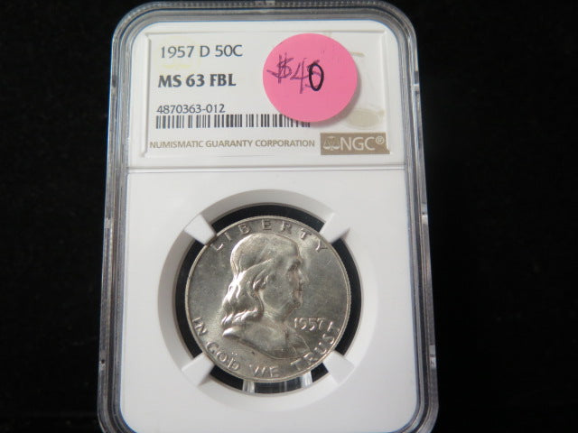 1957-D Franklin Half Dollar. NGC Graded MS 63 FBL Uncirculated Coin. Store