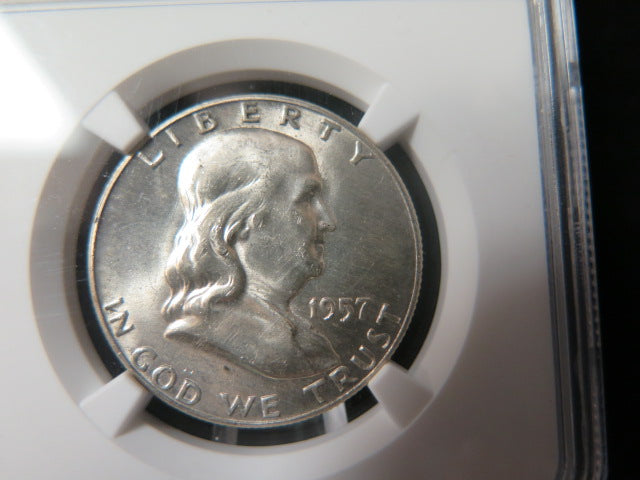 1957-D Franklin Half Dollar. NGC Graded MS 63 FBL Uncirculated Coin. Store