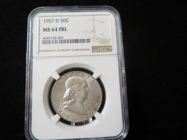 1957-D Franklin Half Dollar. NGC Graded MS 64 FBL Uncirculated Coin. Store # 03359