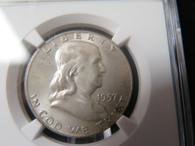 1957-D Franklin Half Dollar. NGC Graded MS 64 FBL Uncirculated Coin. Store