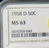 1958-D Franklin Half Dollar, NGC Graded MS 63 Uncirculated Coin, Store # 03360