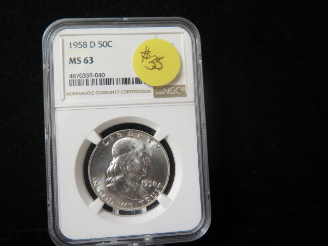 1958-D Franklin Half Dollar. NGC Graded MS 63 Uncirculated Coin. Store
