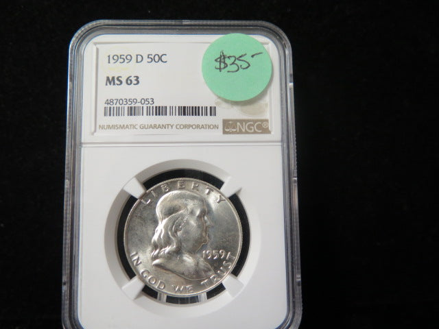 1959-D Franklin Half Dollar. NGC Graded MS 63 Uncirculated Coin. Store