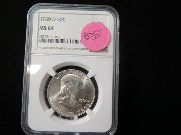 1960-D Franklin Half Dollar. NGC Graded MS 64 Uncirculated Coin. Store # 03362