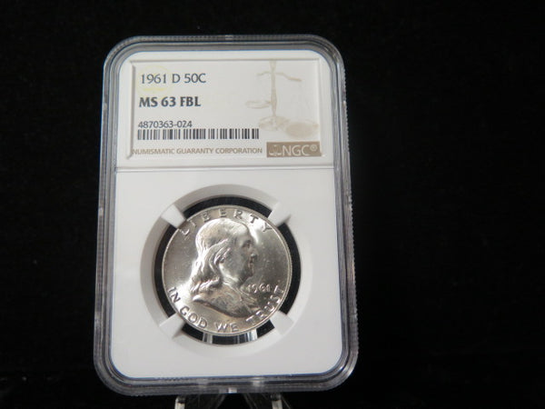 1961-D Franklin Half Dollar. NGC Graded MS 63 FBL Uncirculated Coin. Store # 03363