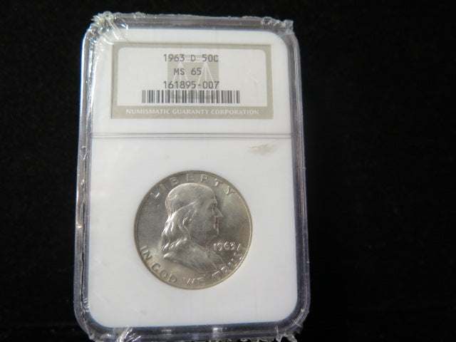 1963-D Franklin Half Dollar, Gem Mint State NGC Graded MS 65 Coin, Store #03365