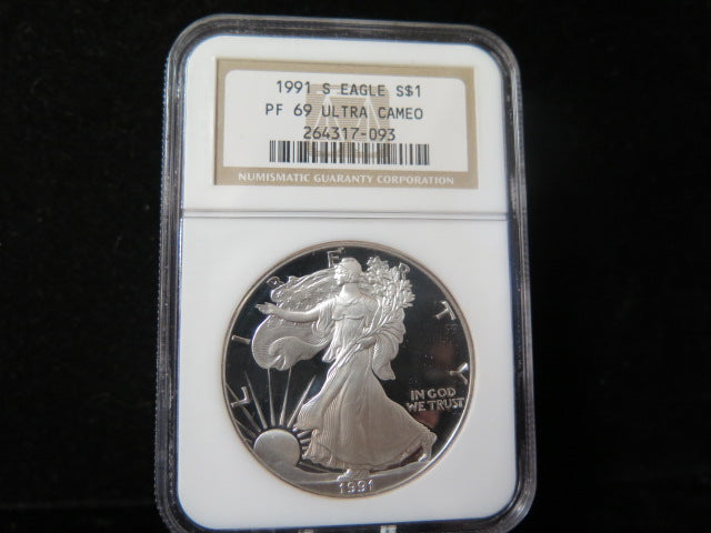 1991-S $1 Proof American Silver Eagle. NGC Graded PF69 Ultra Cameo.