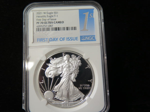 2021-W $1 Proof American Silver Eagle T-1. NGC Graded PF70 Ultra Cameo. #03451