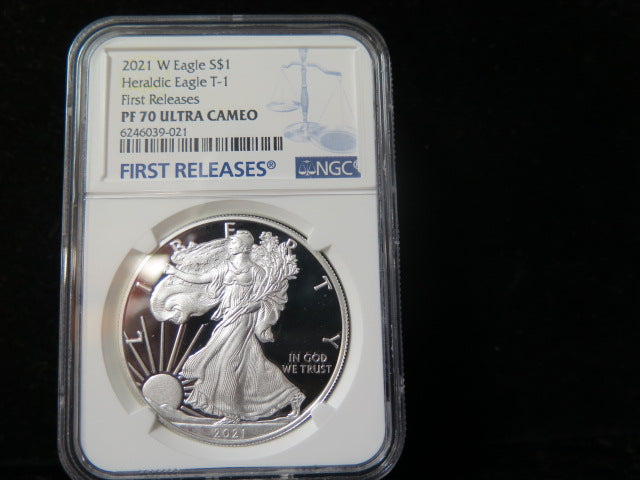 2021-W $1 Proof American Silver Eagle T-1. NGC Graded PF70 Ultra Cameo.