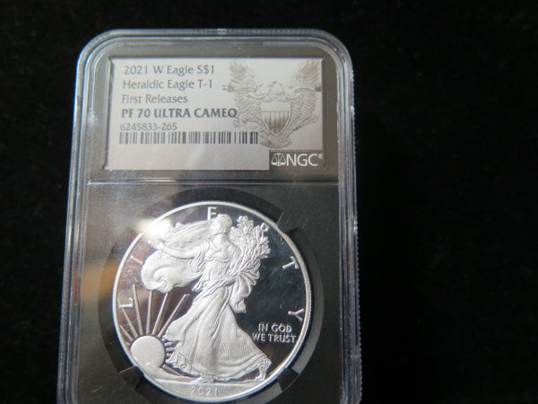 2021-W $1 Proof American Silver Eagle T-1. NGC Graded PF70 Ultra Cameo. #03453