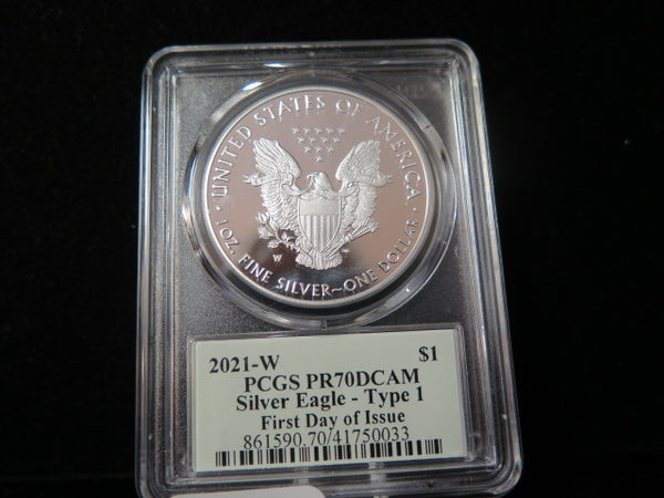 2021-W $1 Proof American Silver Eagle T-1. PCGS Graded PR70 DCAM. #034