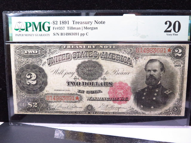 1891 $2 Treasury Note, Very Seldom Available. PMG Graded VF-20, Store
