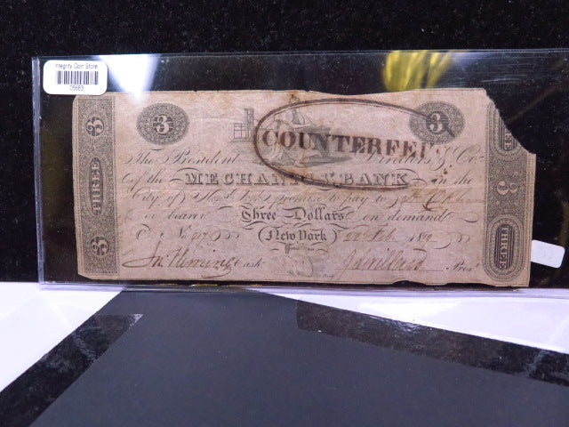 1819 $3 Obsolete Currency. "Mechanics Bank" New York. Store