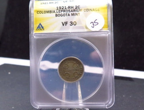 1921-RH 2 Centimes, Colombia, Leper Colony Coinage. ANACS Graded VF-30.