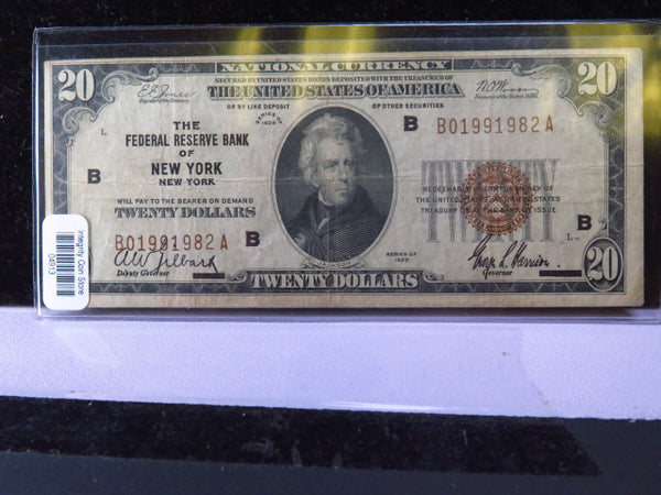 1929 $20 National Currency, FRB, "New York", Circulated Note. Store #04913