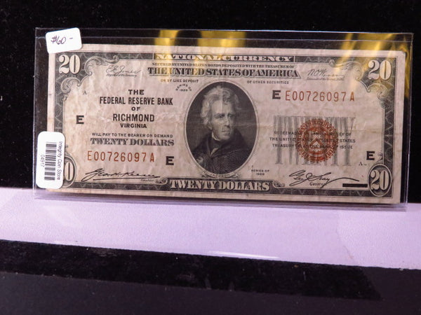 1929 $20 National Currency, FRB, "Richmond", Circulated Note. Store #04917