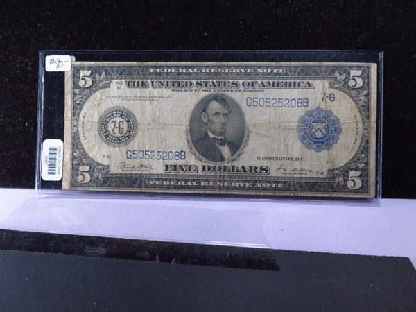 1914 $5 Federal Reserve Note, Collectible and Affordable. Store #04901
