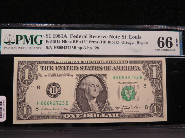 1981A $1 Federal Reserve Note. BP #129 Error, Crisp UN-Circulated. Store #04857