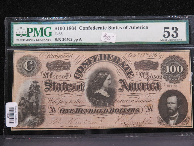 1864 $100 C.S.A. Note, Civil War Era Currency. PMG AU-53.  Store Sale
