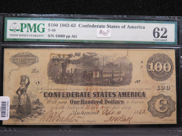 1862-63 $100 C.S.A. Note, Civil War Era Currency. PMG UNC-62.  Store Sale