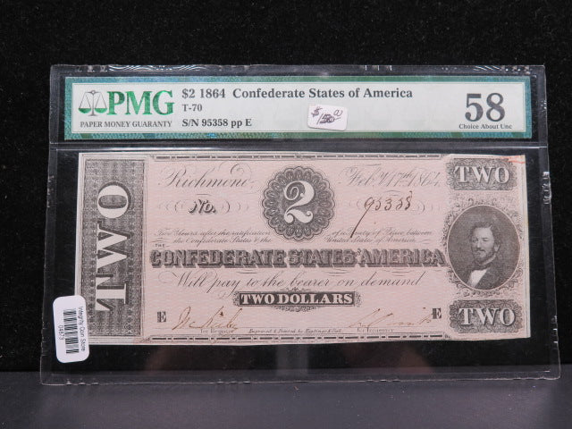 1864 $2 C.S.A. Note, Civil War Era Currency. PMG CAU-58.  Store Sale