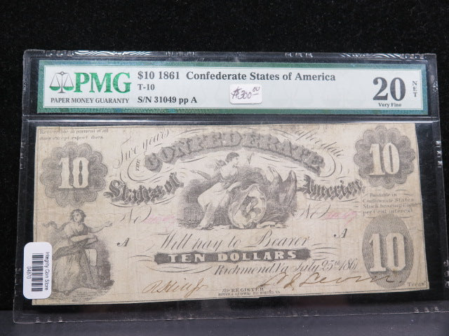 1861 $10 C.S.A. Note, Civil War Era Currency. PMG VF-20 NET.  Store Sale