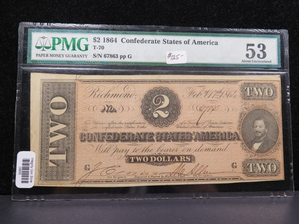 1864 $2 C.S.A. Note, Civil War Era Currency. PMG AU-53.  Store Sale #04868
