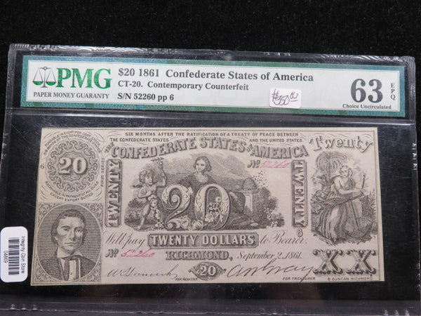 1861 $20 C.S.A. Note, Civil War Era Currency. PMG CU-63 EPQ.  Store Sale #04869