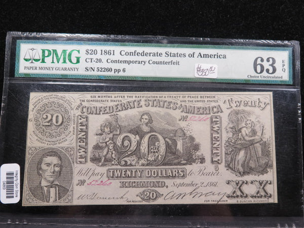 1861 $20 C.S.A. Note, Civil War Era Currency. PMG CU-63 EPQ. Store Sal