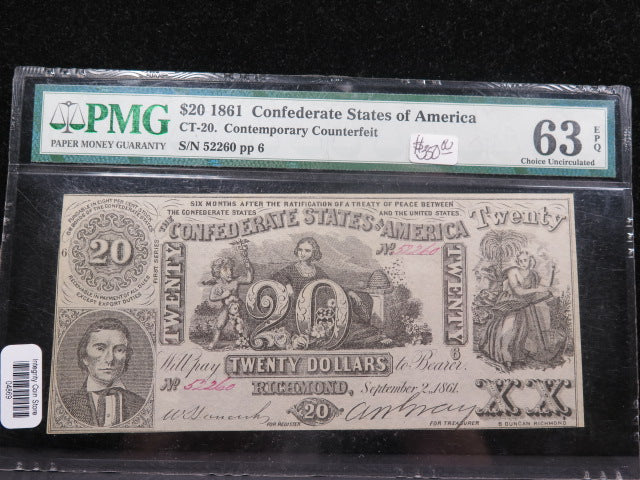 1861 $20 C.S.A. Note, Civil War Era Currency. PMG CU-63 EPQ.  Store Sale