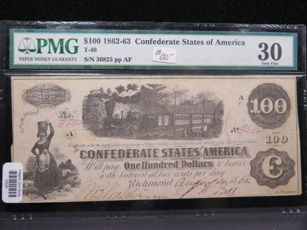 1862-63 $100 C.S.A. Note, Civil War Era Currency. PMG VF-30.  Store Sale #04928