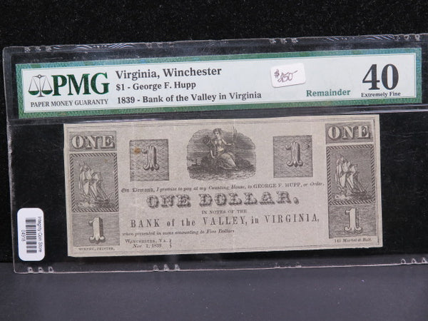 1839 Obsolete $1 Currency, Bank of the Valley in Virginia. 'Remainder', #04918