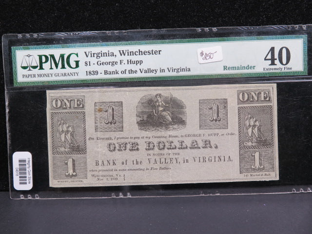 1839 Obsolete $1 Currency, Bank of the Valley in Virginia. 'Remainder',