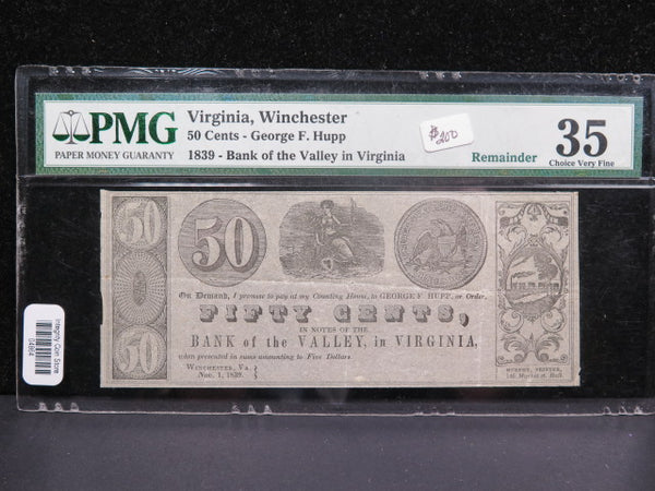 1839 50 Cent, Winchester, VA. Obsolete Currency. PMG VF-35. Remainder. #04684