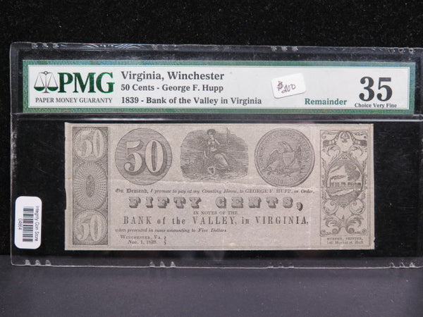 1839 50 Cent, Winchester, VA. Obsolete Currency. PMG VF-35. Remainder. #GVA006
